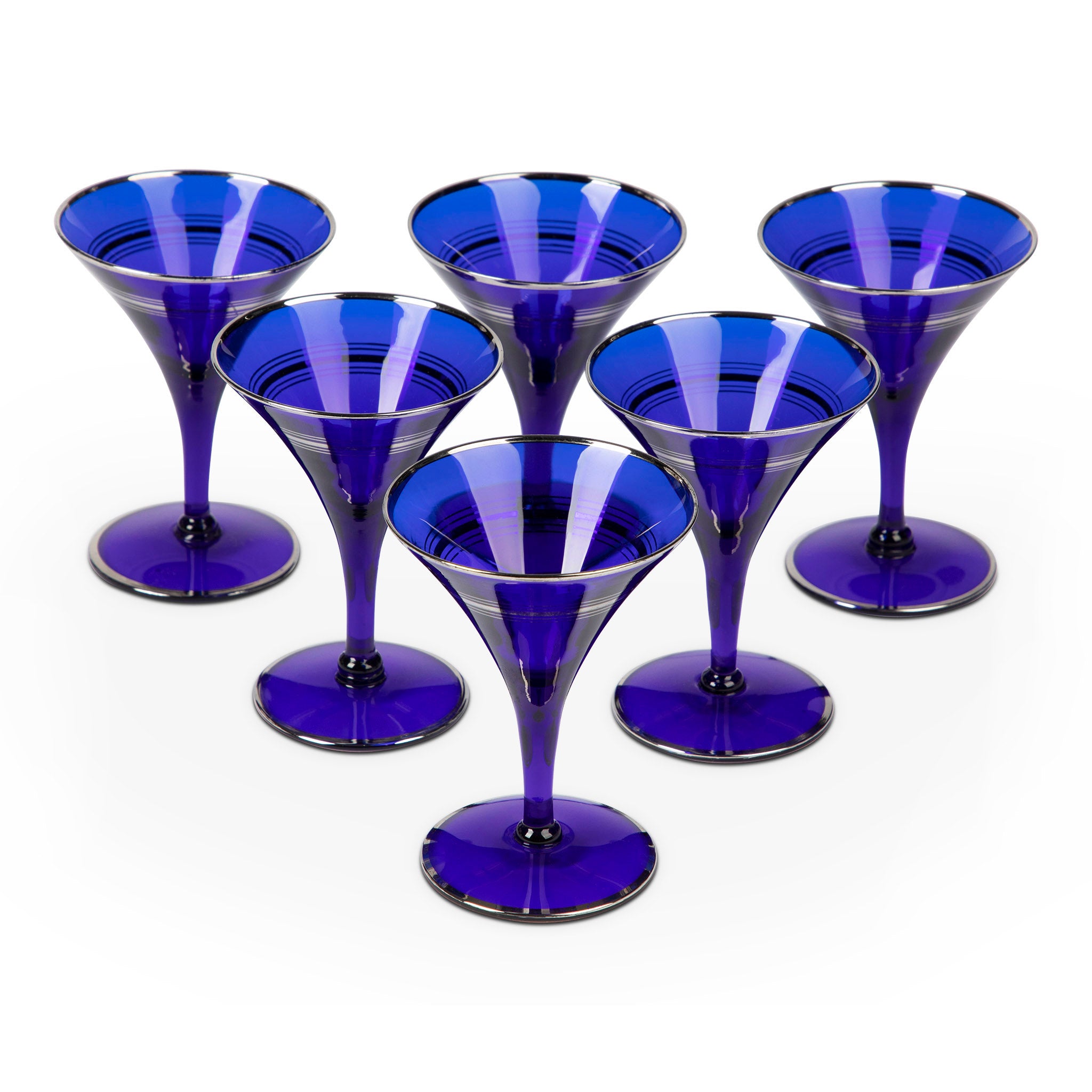 Art Deco Cobalt Blue & Silver Overlay Martini Glass Set