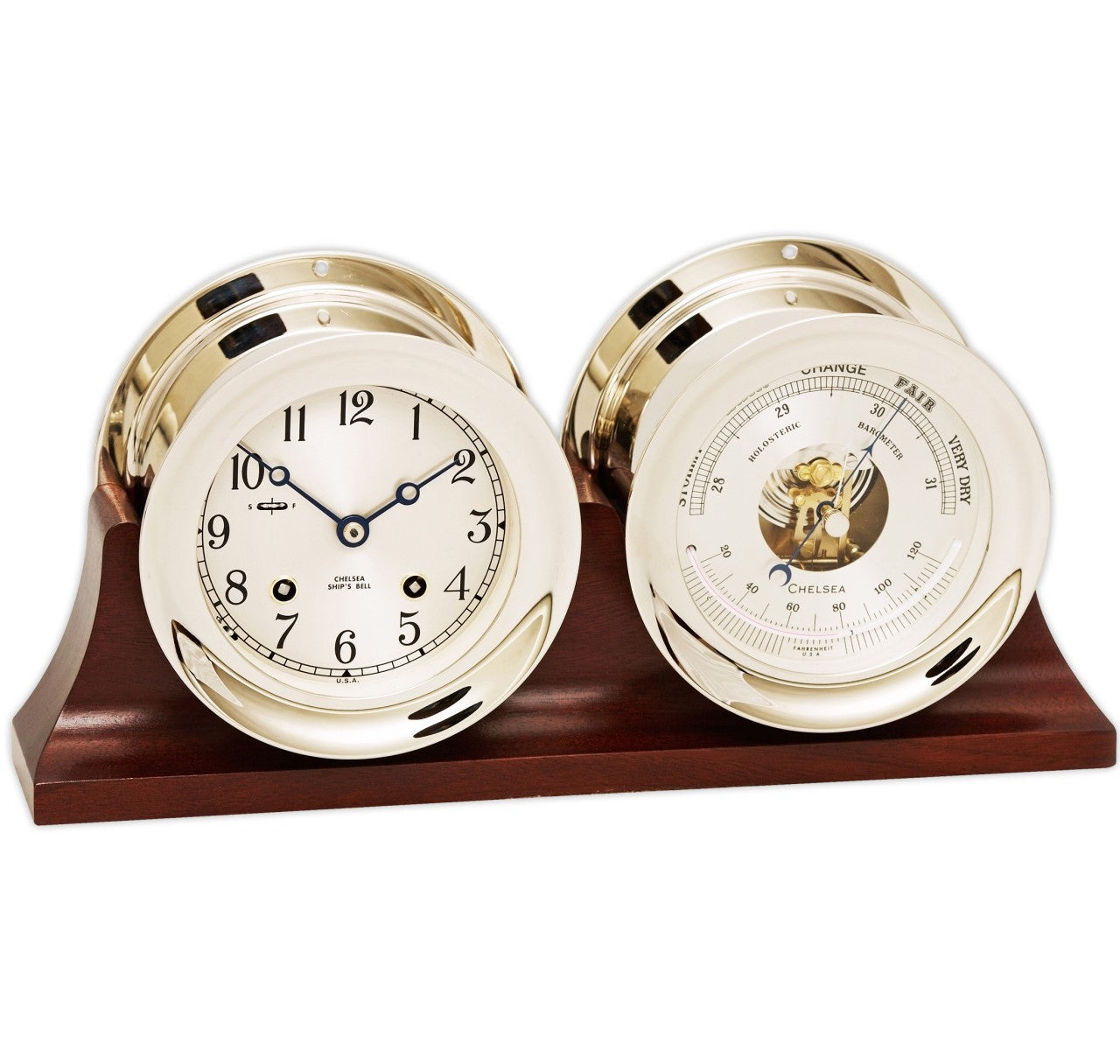 Chelsea 4 1/2" Ship's Bell Clock & Barometer in Nickel on Double Base