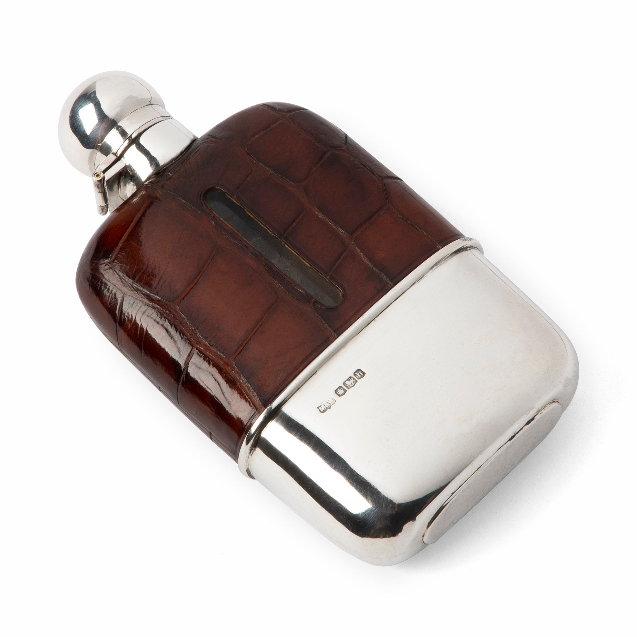 English Sterling Silver & Crocodile Hip Flask