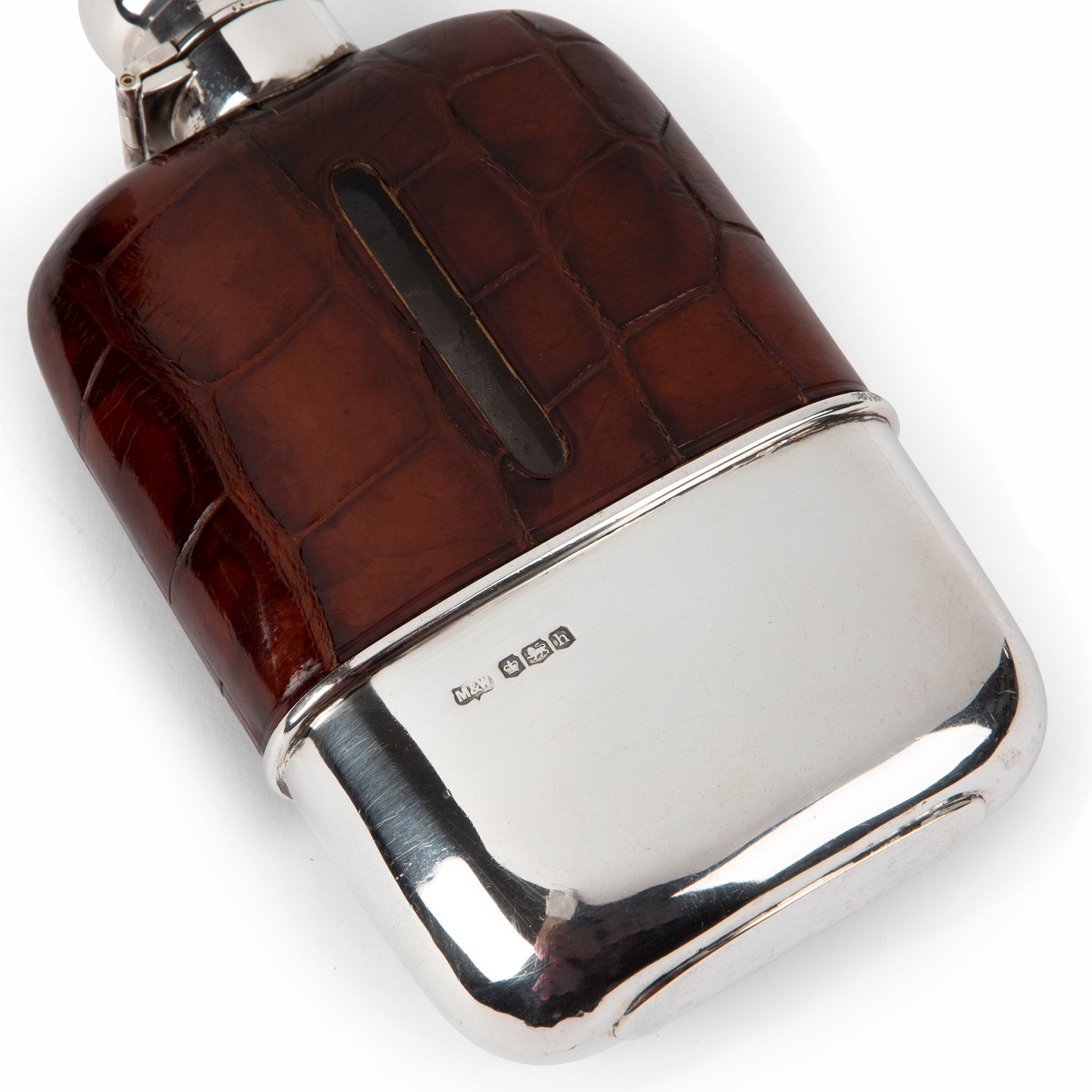 English Sterling Silver & Crocodile Hip Flask