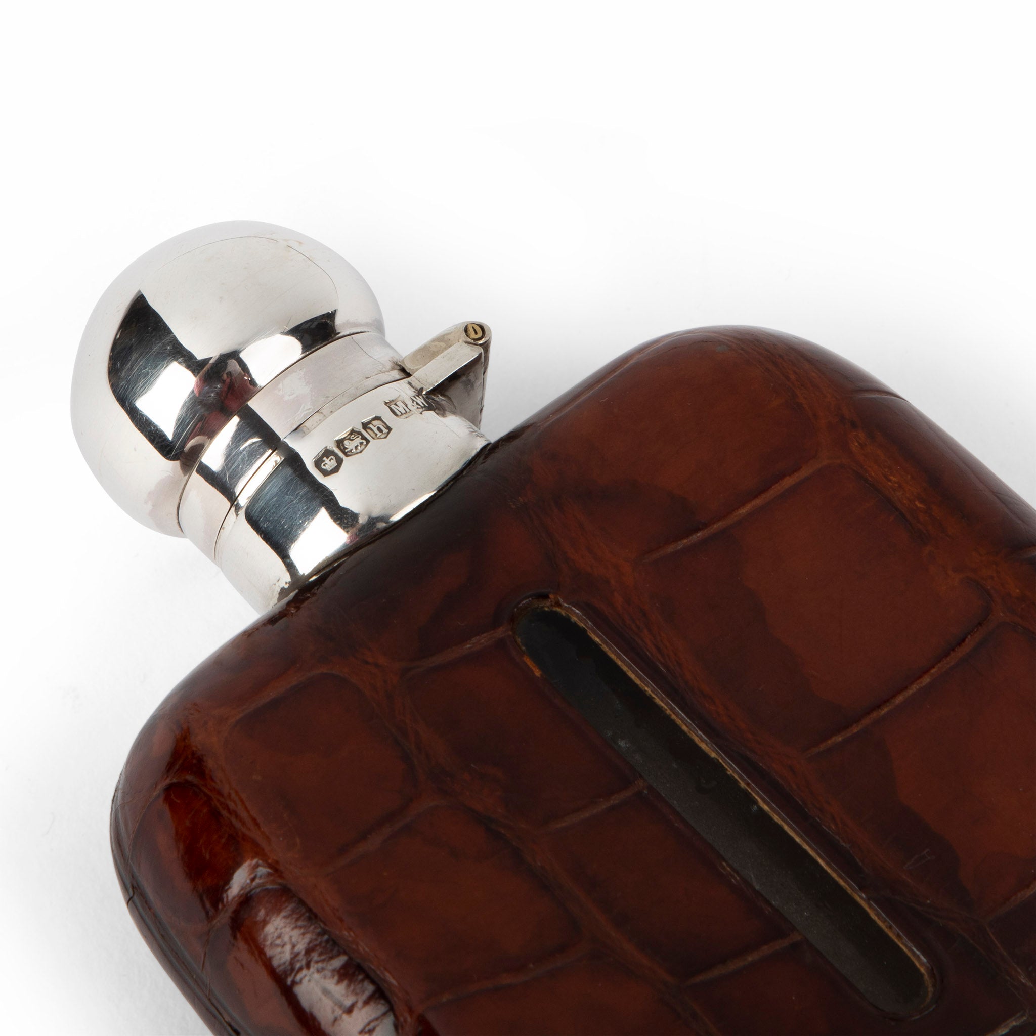 English Sterling Silver & Crocodile Hip Flask