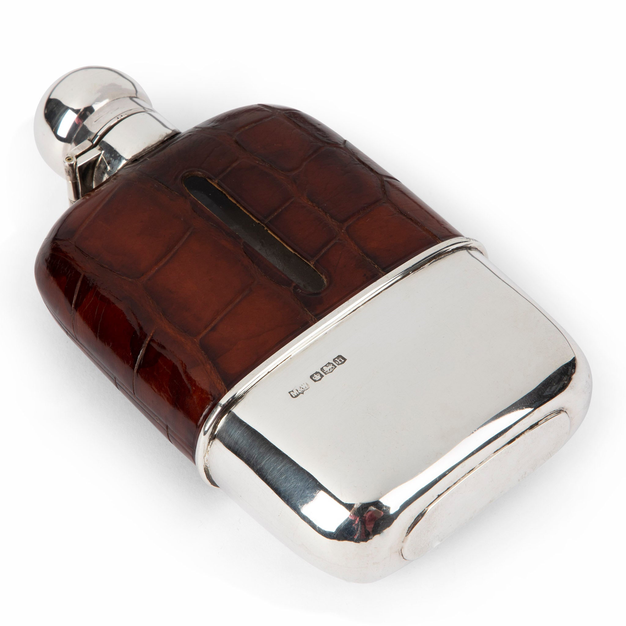 English Sterling Silver & Crocodile Hip Flask