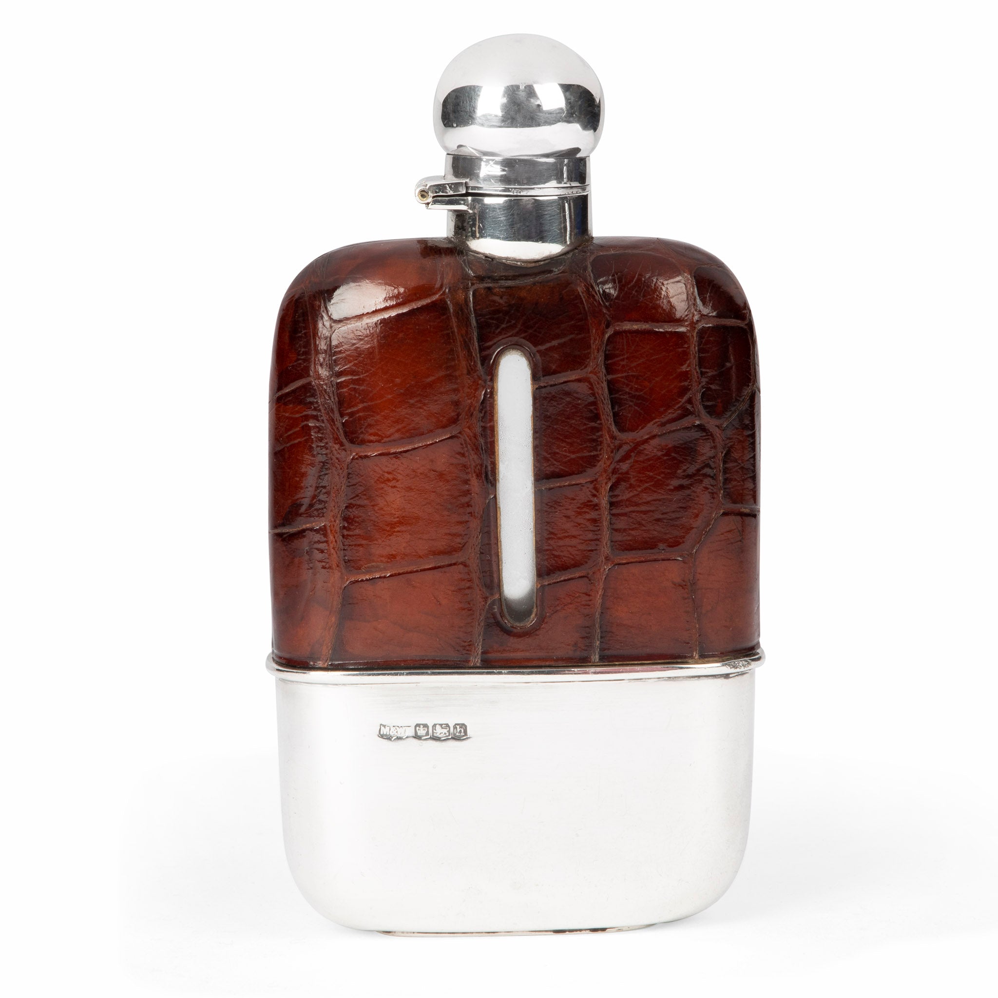 English Sterling Silver & Crocodile Hip Flask