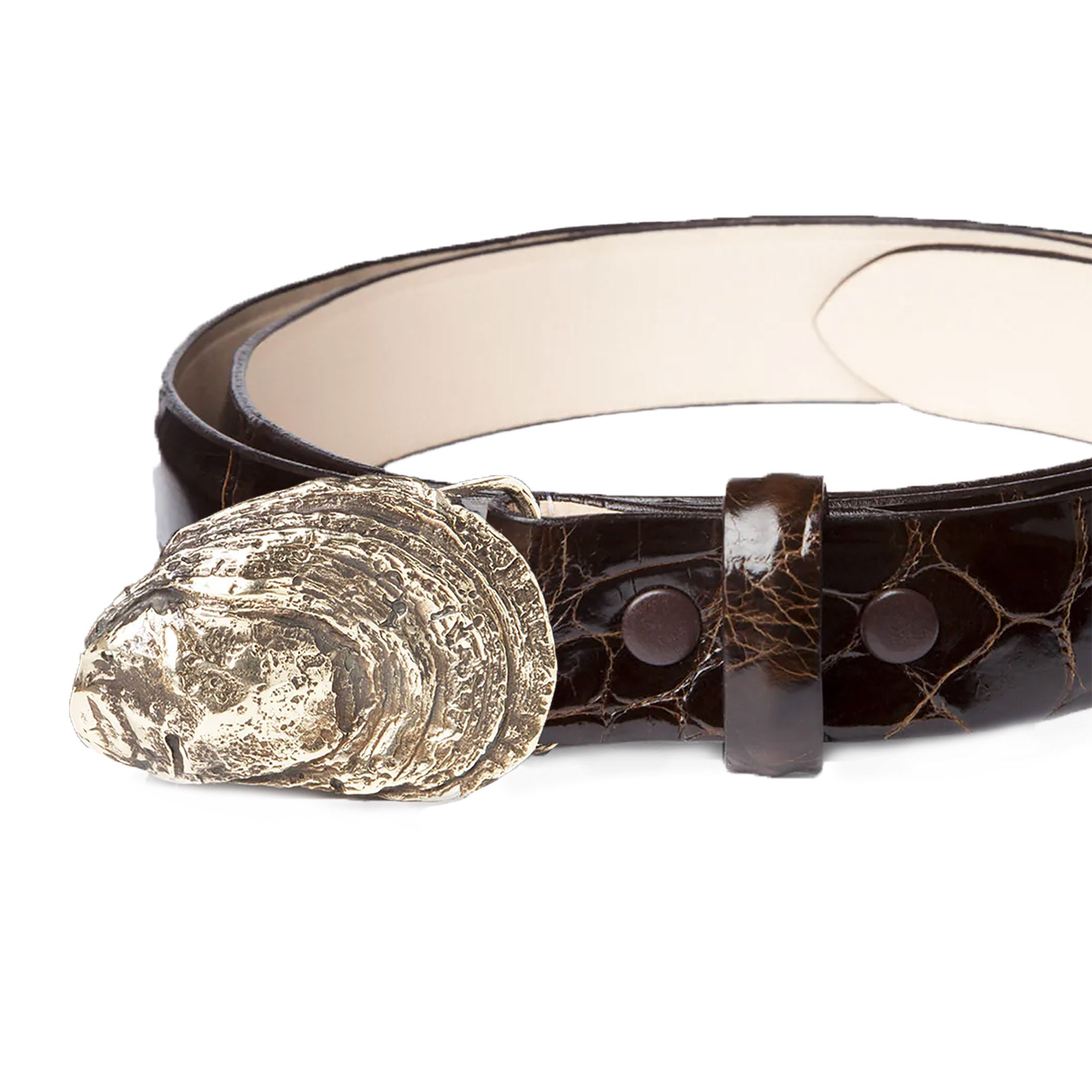 Oyster Shell Buckle with Glazed Brown Alligator Leather Belt Strap