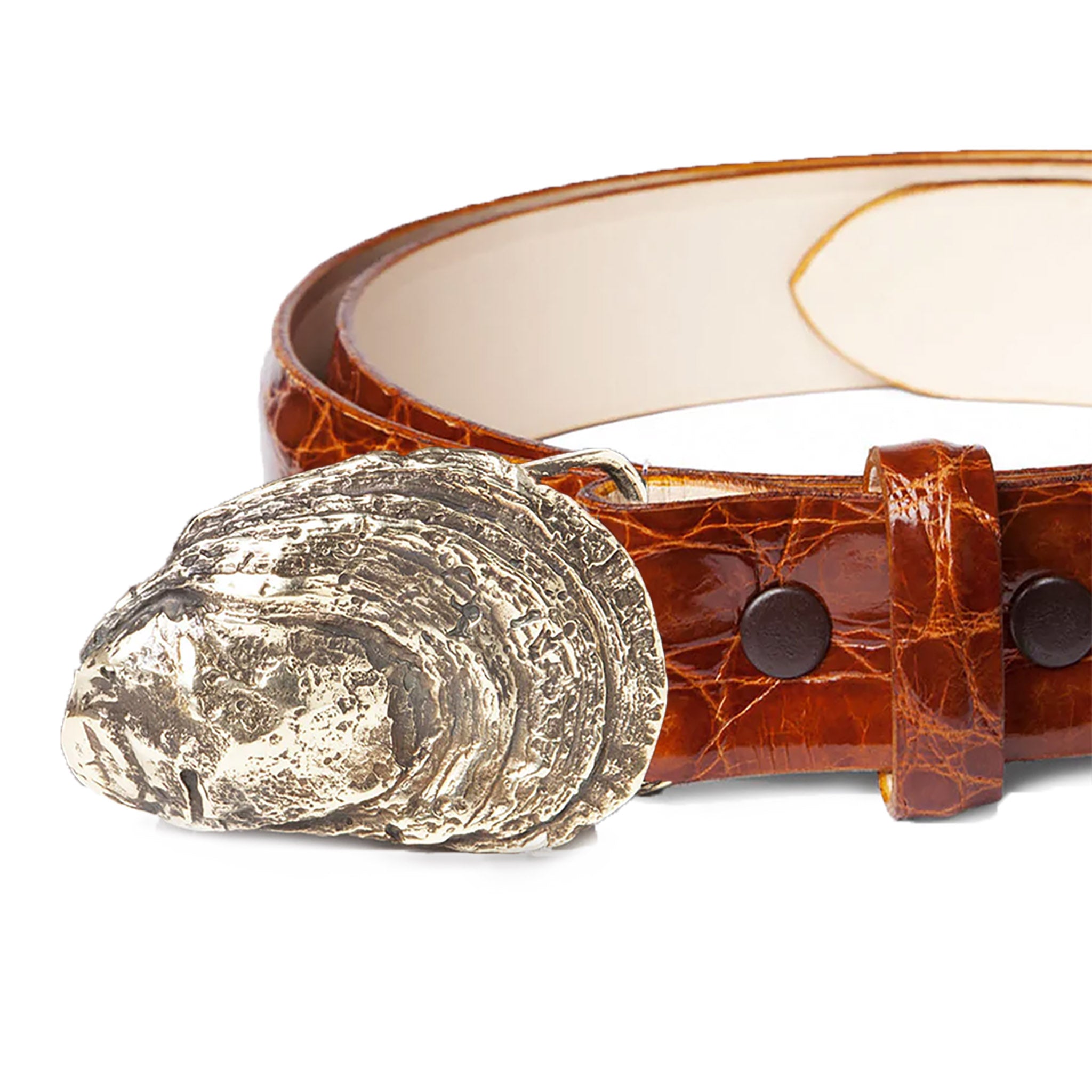 Oyster Shell Buckle with Glazed Cognac Alligator Belt