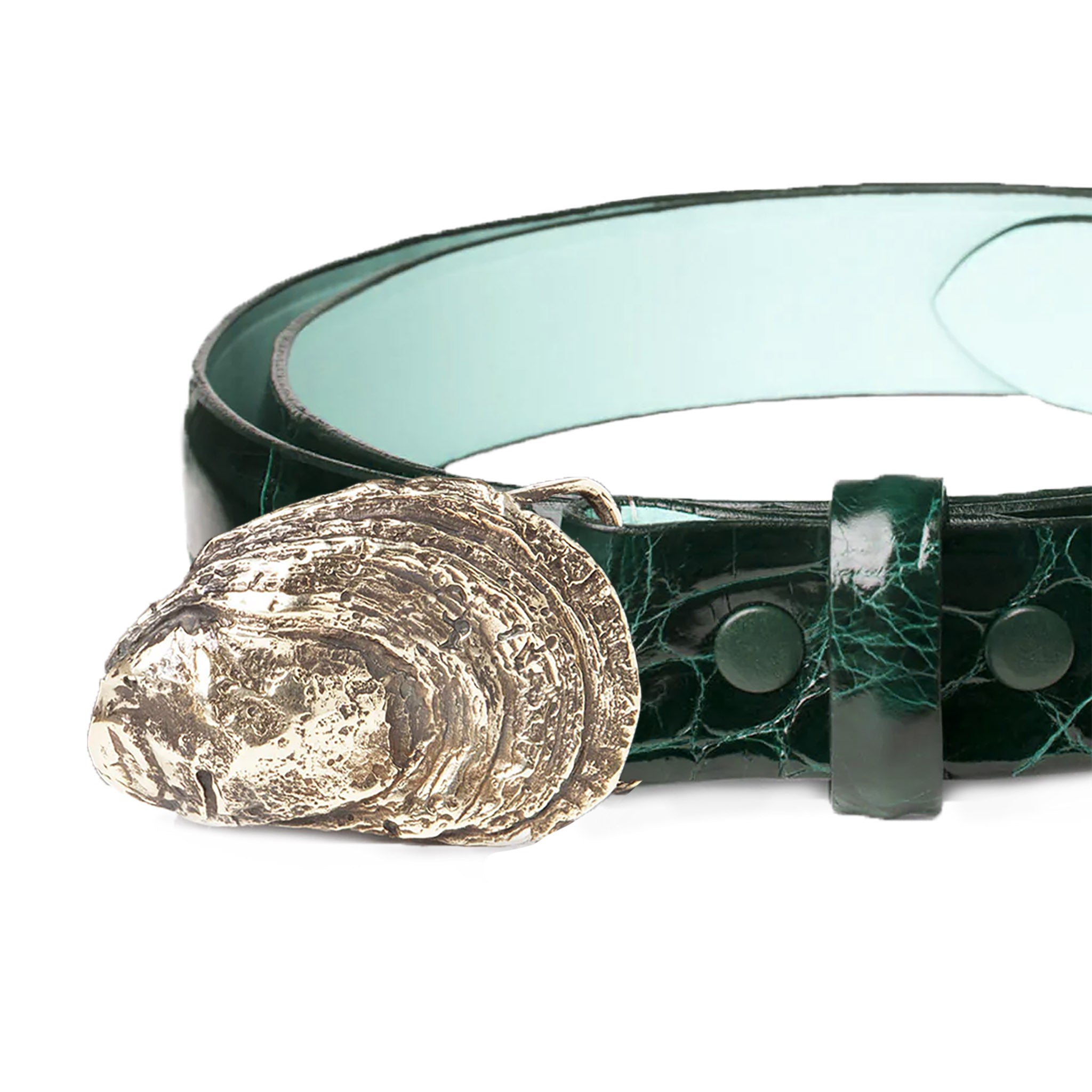 Oyster Shell Buckle with Glazed Forest Green Alligator Belt