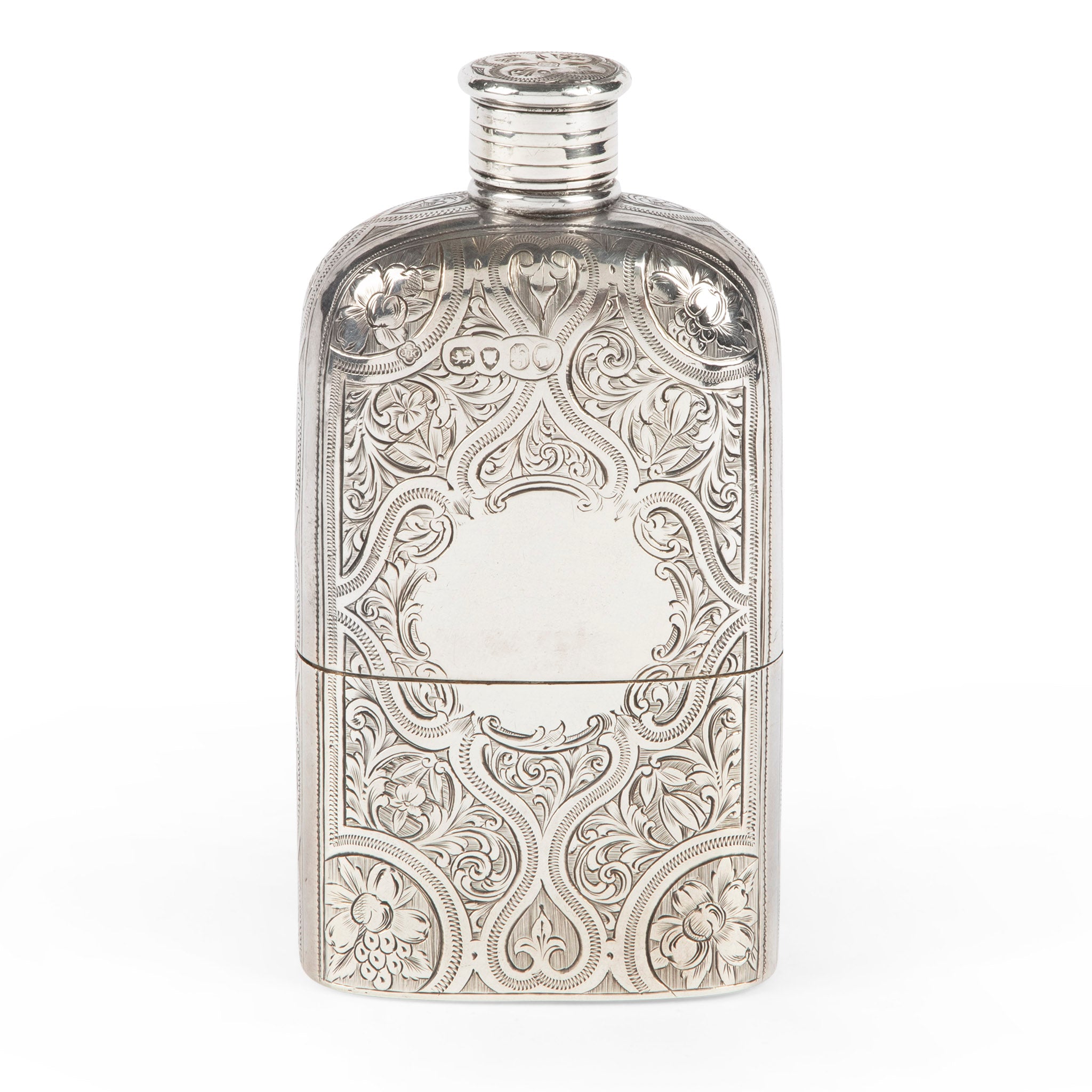 Antique Sterling Silver Engraved Hip Flask