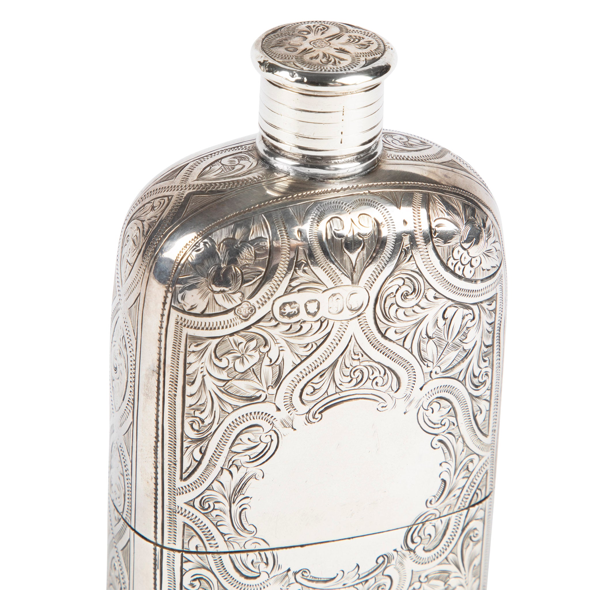 Antique Sterling Silver Engraved Hip Flask