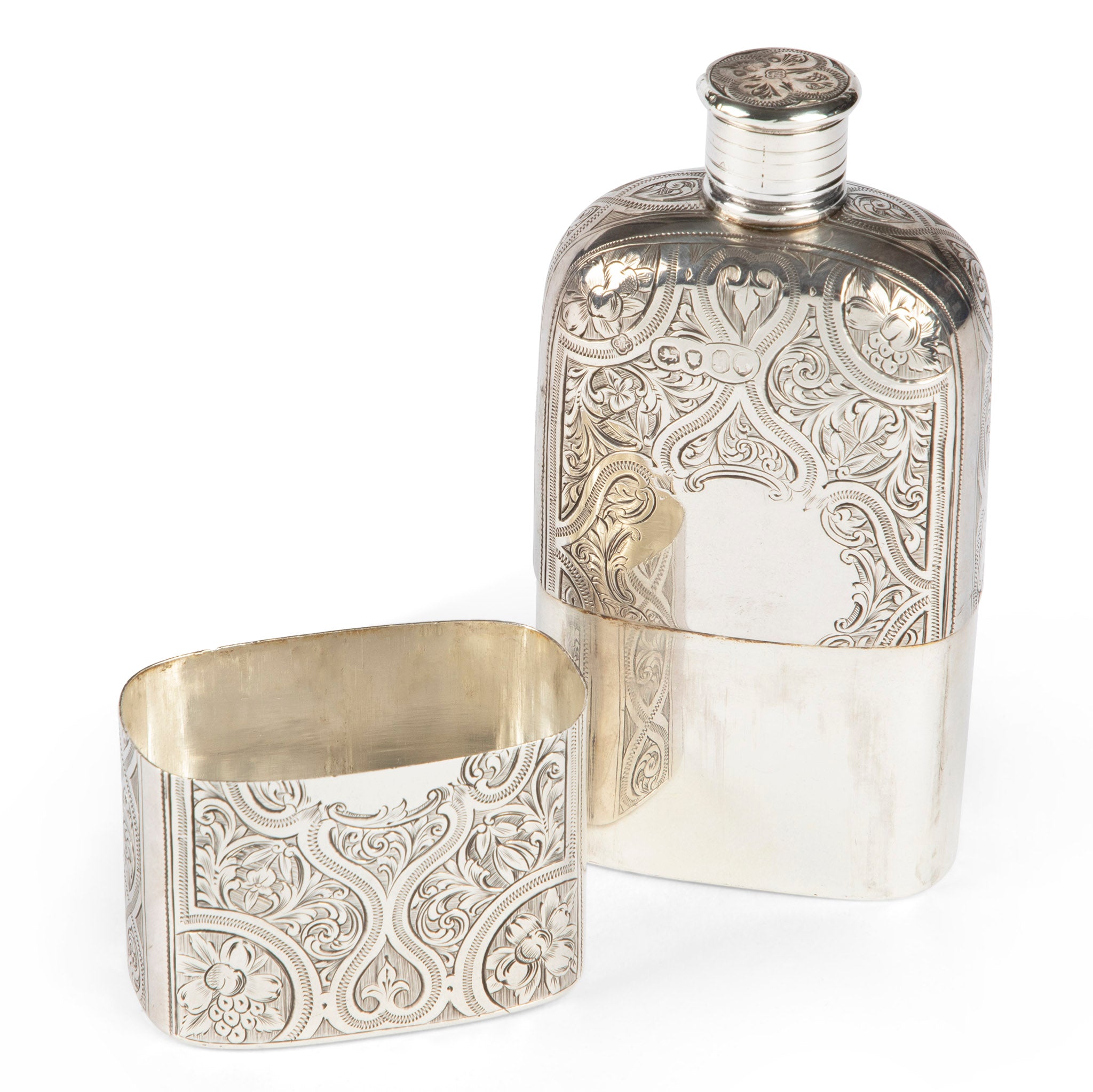 Antique Sterling Silver Engraved Hip Flask