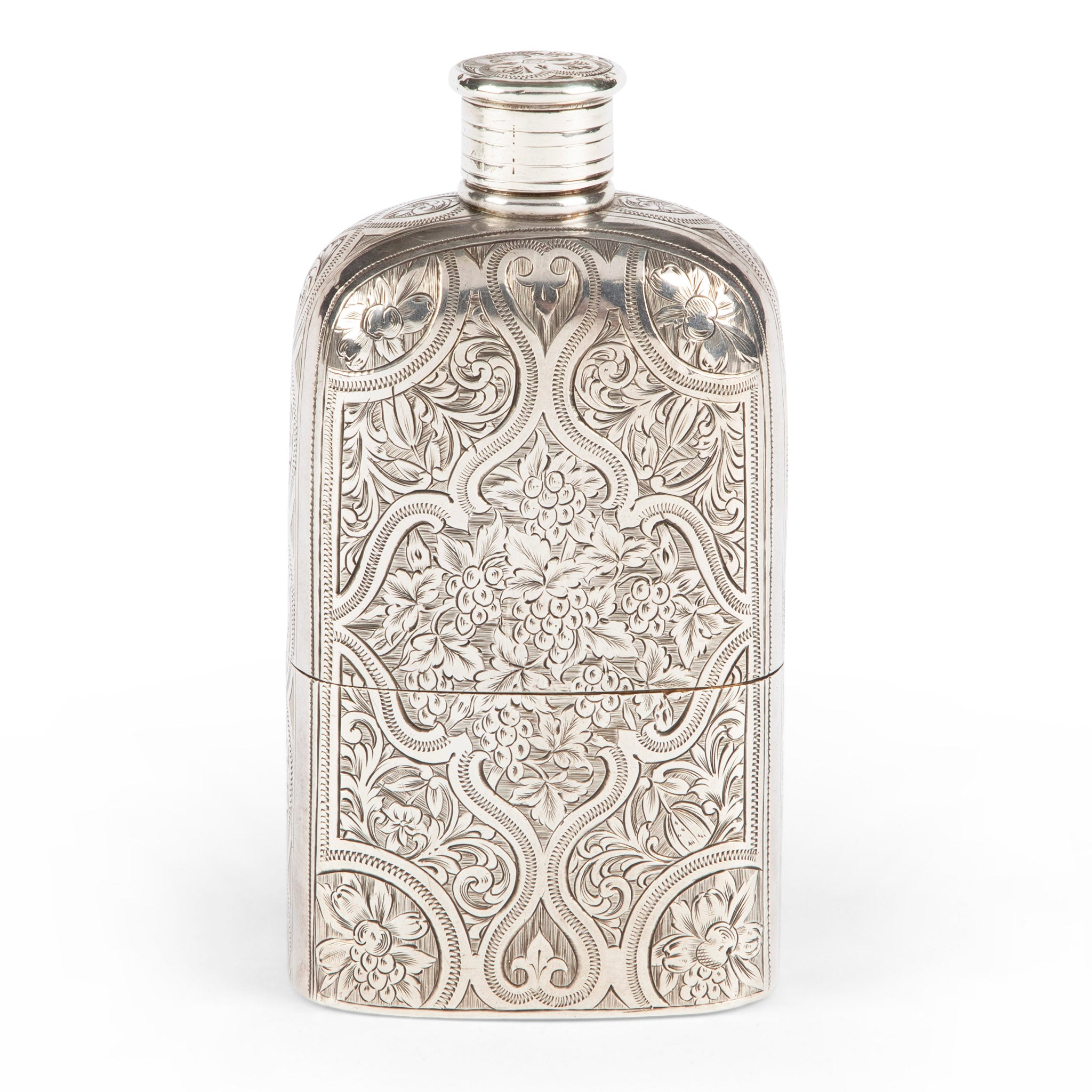 Antique Sterling Silver Engraved Hip Flask