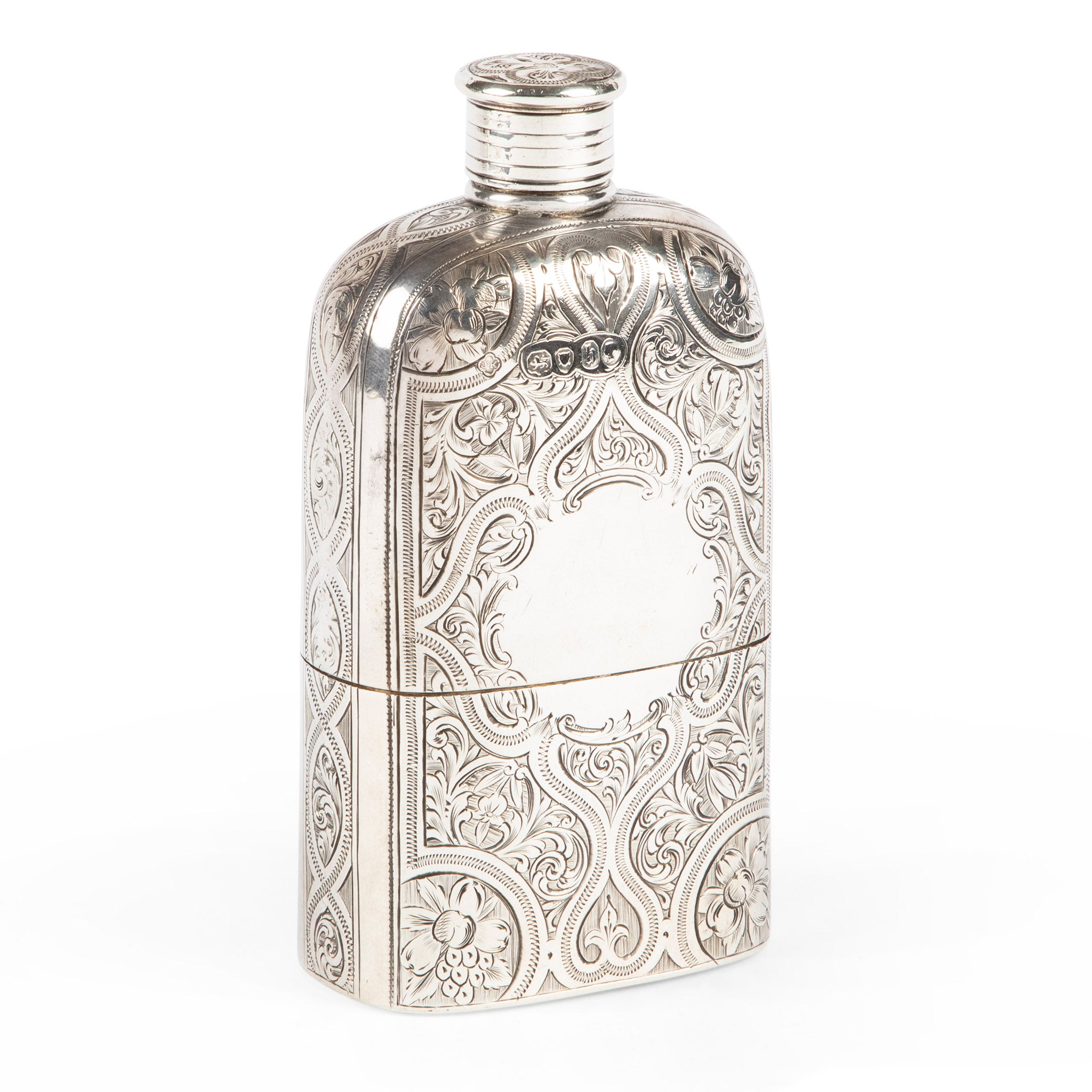 Antique Sterling Silver Engraved Hip Flask