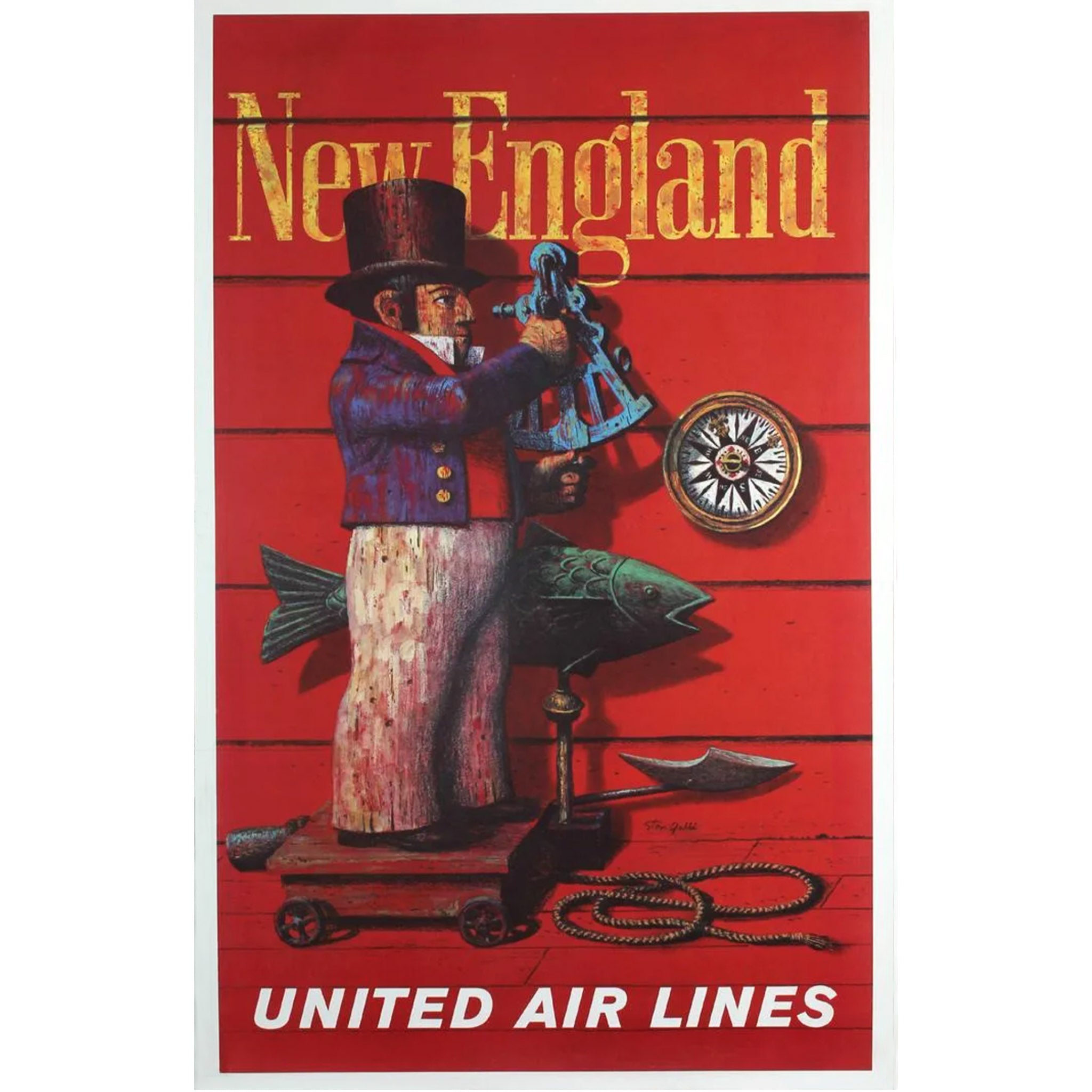 United Air Lines New England Midcentury Travel Poster