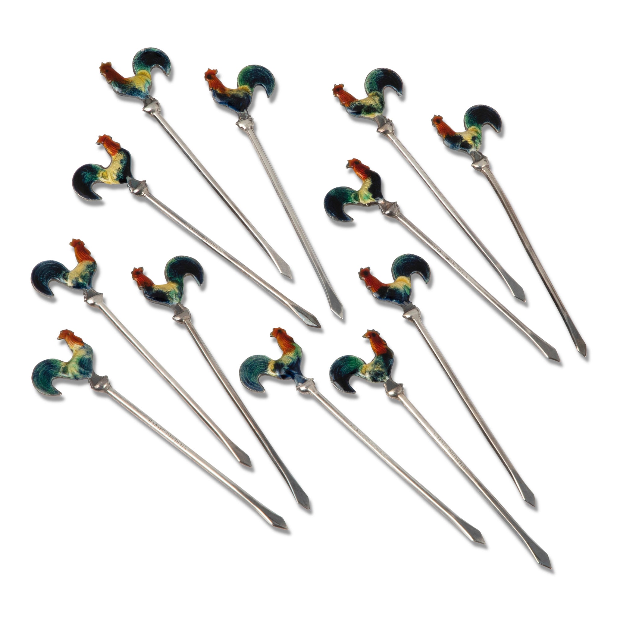 Sterling & Enamel Rooster Cocktail Pick Set 