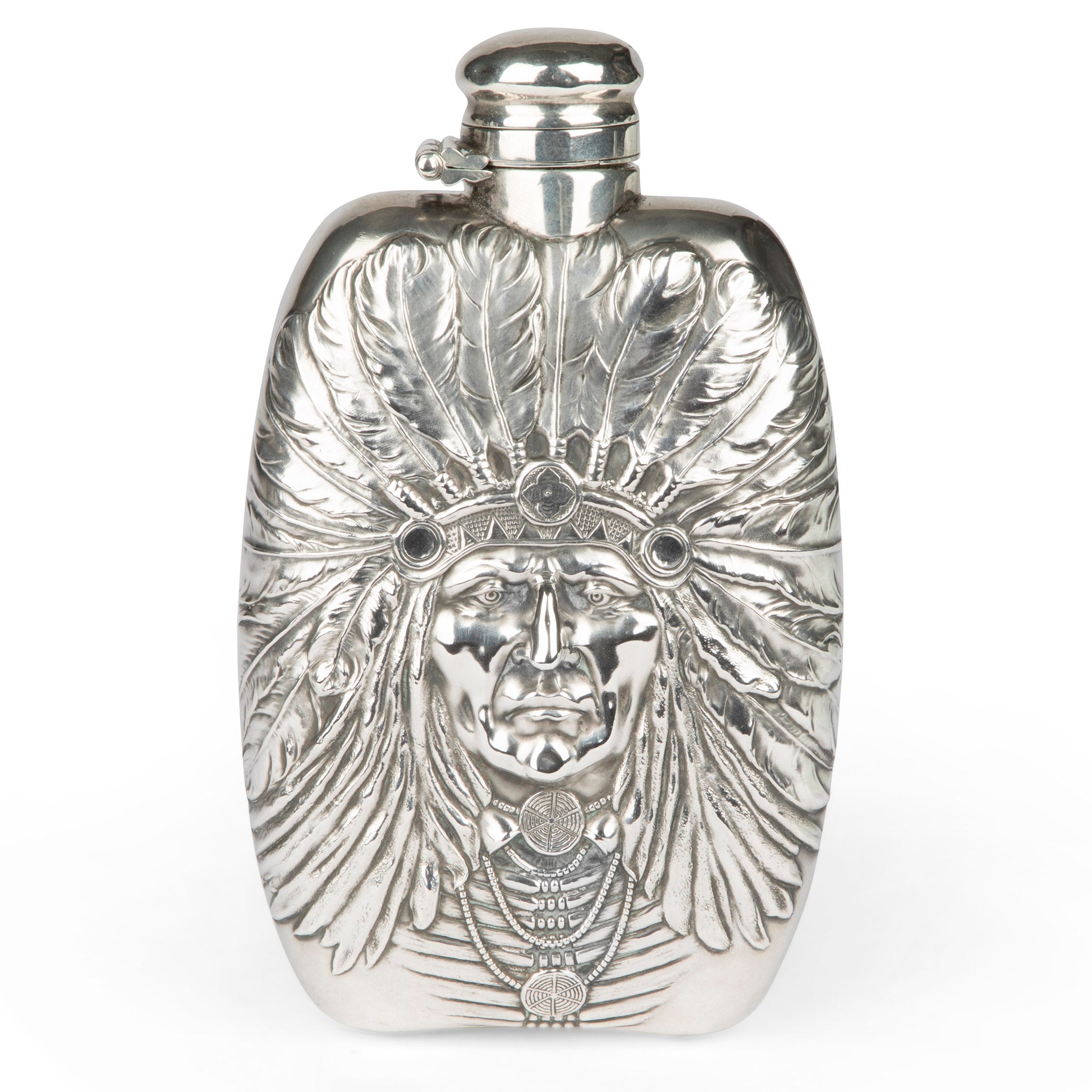 Unger Brothers Large Sterling Silver Indian Chief Flask