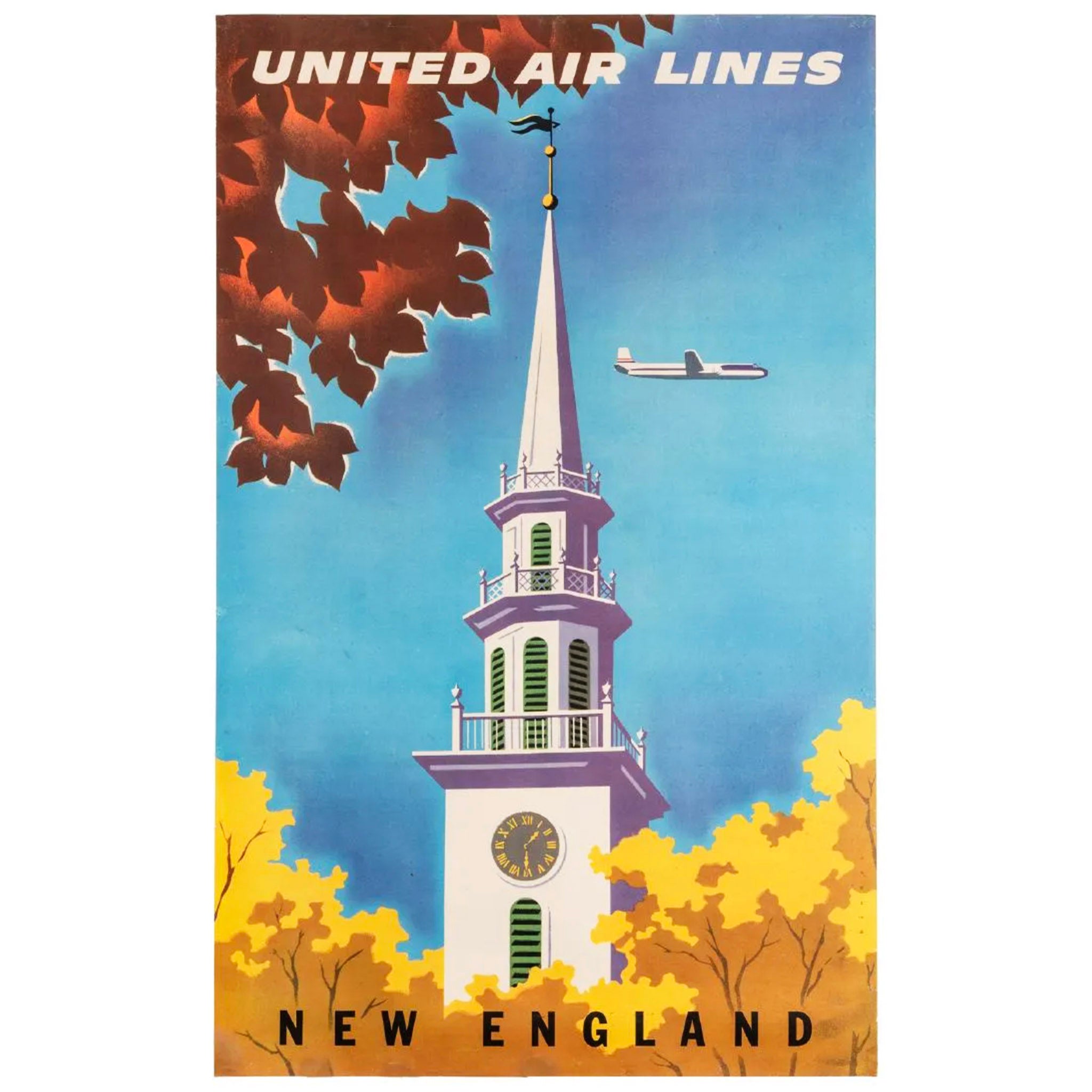 United Air Lines New England Midcentury Original Poster