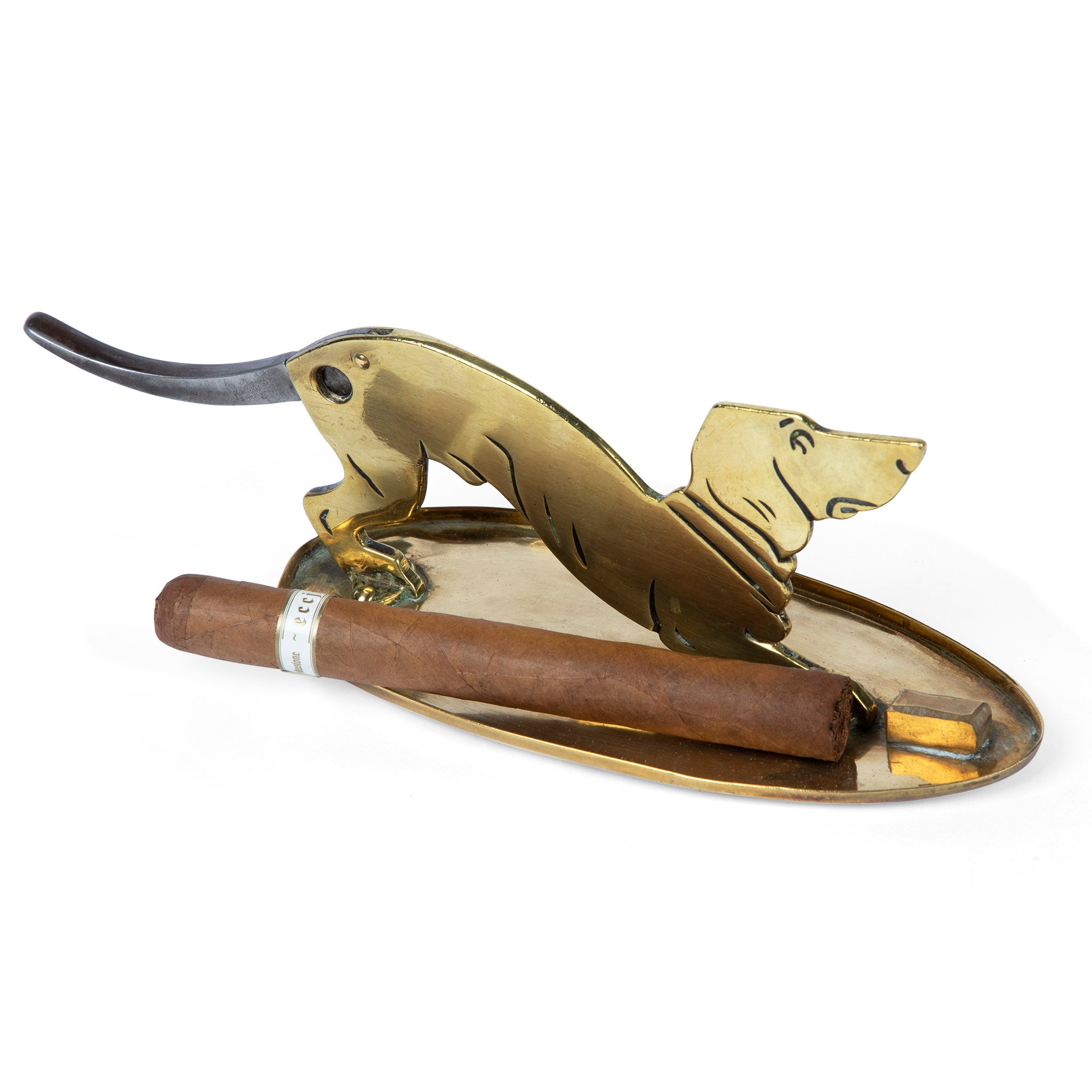 Vintage Brass Dachshund Dog Cigar Cutter & Ashtray