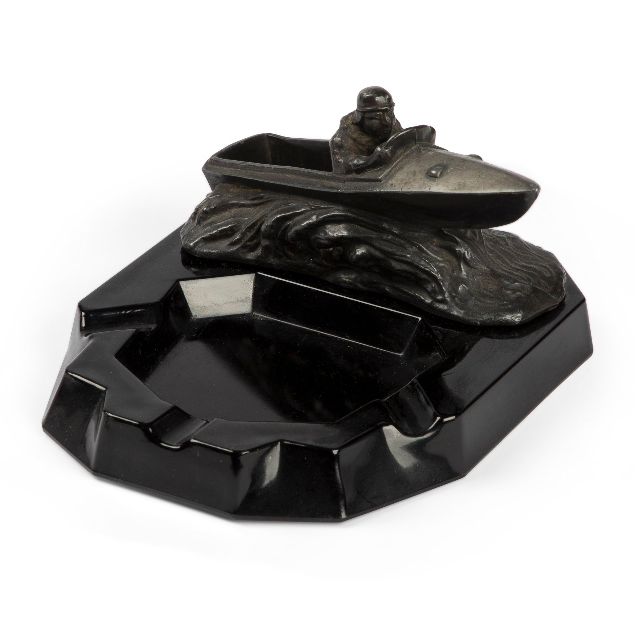 Art Deco Obsidian Jet Black Motor Boat Ashtray