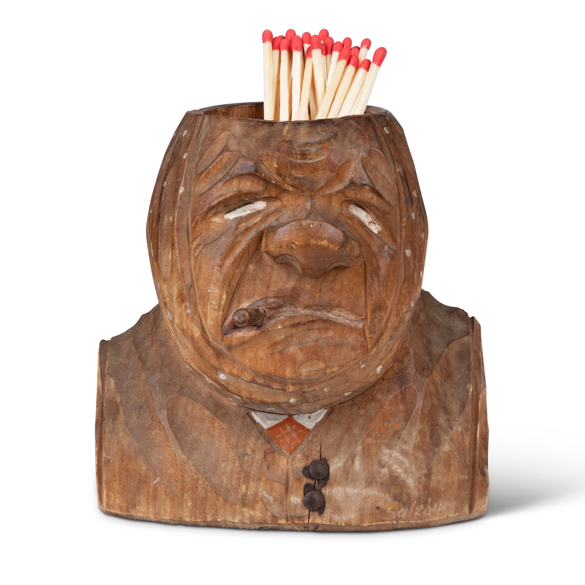 Folk Art Wooden Man with Cigar Matchstick Holder