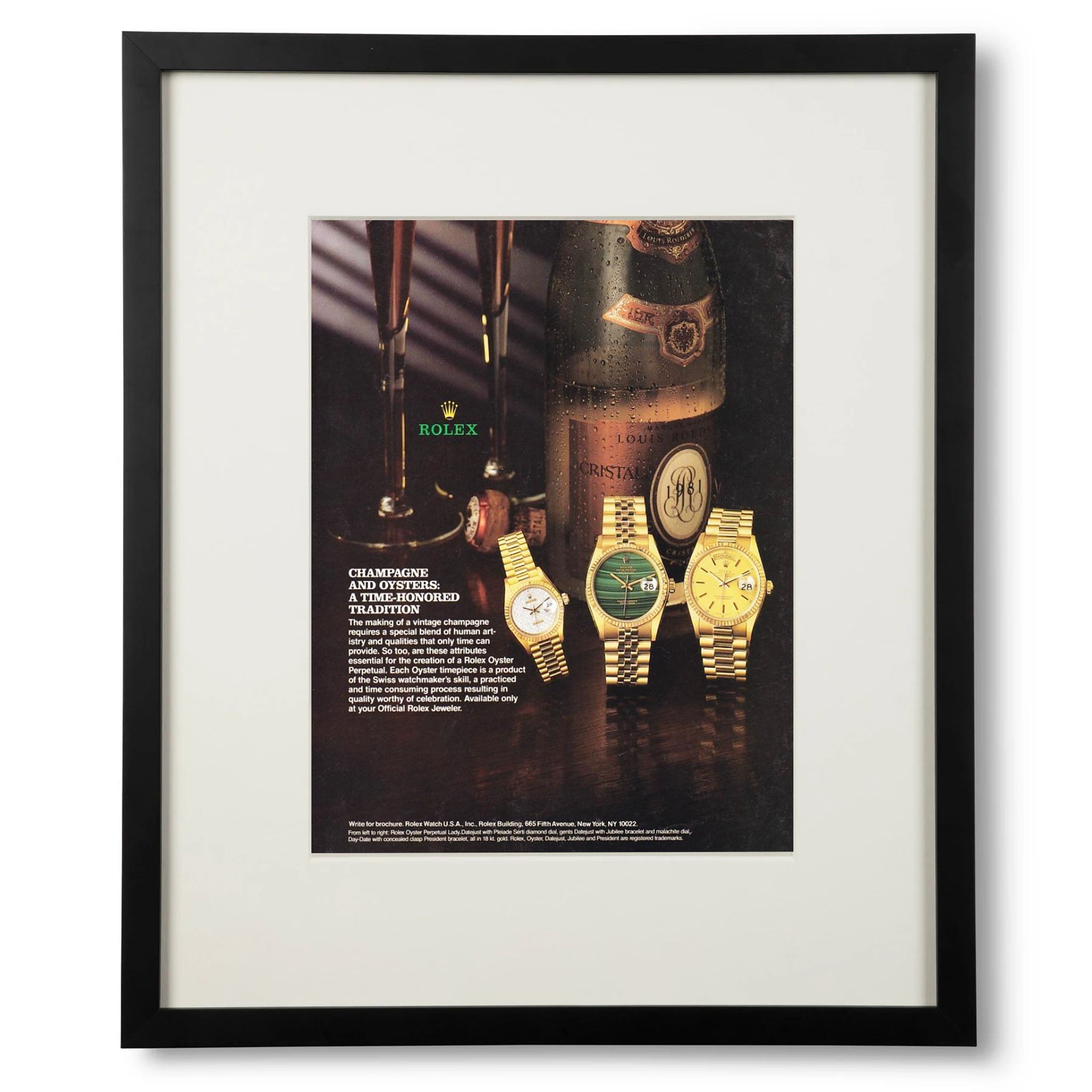 Framed Rolex Oysters & Champagne Advertisement